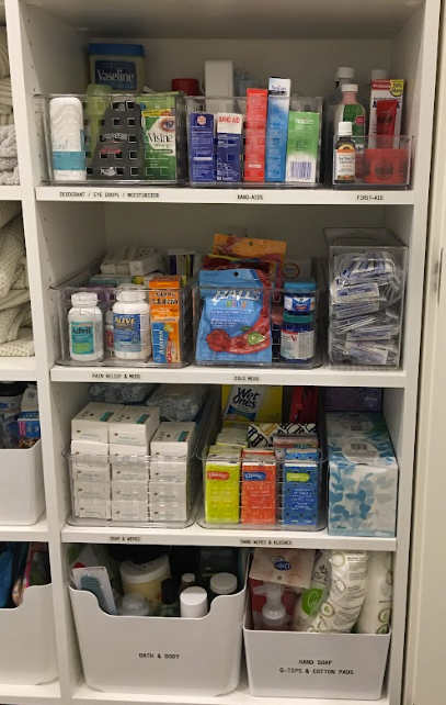 Image of a well-organized cupboard shelves stocked with a variety of first aid medicines and supplies, neatly arranged and easily accessible for emergencies.